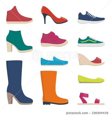 Various footwear, set of icons. Colorful shoes and boots for women and men. Vector illustration. Collection for shop and fashion. Various footwear, set of icons. Colorful shoes and boots for women and men. Vector illustration. Collection for shop and fashion. 106904436