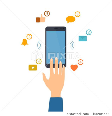 Hand reaches for the smartphone for checking social network push notification. Social media influence. Social network addiction concept illustration. Vector. Hand reaches for the smartphone for checking social network push notification. Social media influence. Social network addiction concept illustration. Vector. 106904438