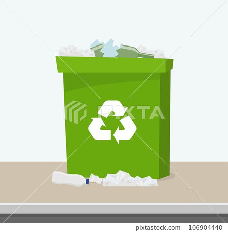 Container with waste. Recycling and sorting garbage. Green trash bin with recycling symbol. Bin full of garbage. Vector illustration. Container with waste. Recycling and sorting garbage. Green trash bin with recycling symbol. Bin full of garbage. Vector illustration. 106904440