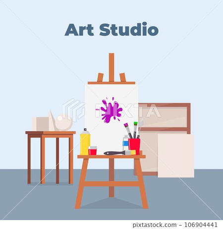 Art studio interior. Easel, canvas, paint and all necessary tools for drawing. Beautiful composition for advertising art studio. Vector flat illustration. 106904441