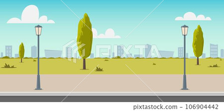 Road empty city street. Empty street or alley in a city park. Street on a Sunny summer day. Flat Vector Illustration, background for an animated video, footage. 106904442