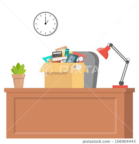 Office accessories in cardboard box on office table. Working stuff, documents, plant, photo frame, calculator, glasses, lamp. Moving into a new office. Flat style vector illustration. Office accessories in cardboard box on office table. Working stuff, documents, plant, photo frame, calculator, glasses, lamp. Moving into a new office. Flat style vector illustration. 106904443