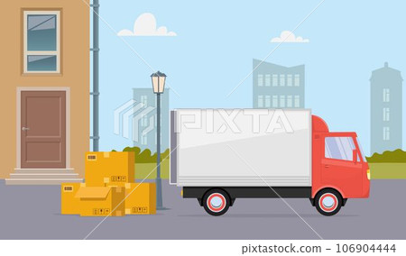Moving truck and cardboard boxes on city street. Moving House. Transport company. Vector flat illustration. Moving truck and cardboard boxes on city street. Moving House. Transport company. Vector flat illustration. 106904444
