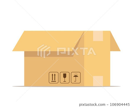 Open box. Carton delivery packaging with fragile signs. Box for packaging goods or belongings for moving. Vector illustration isolated on white. 106904445