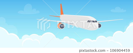 Flying plane above the clouds. Aircraft in the sky. Travel concept illustration for advertising airline, website to search for air tickets, travel agency. Traveling flyer, banner, vector illustration. Flying plane above the clouds. Aircraft in the sky. Travel concept illustration for advertising airline, website to search for air tickets, travel agency. Traveling flyer, banner, vector illustration. 106904459