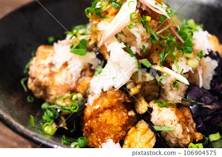 Fried eggplant and fried chicken with grated ponzu sauce Fried eggplant and fried chicken with grated ponzu sauce 106904575