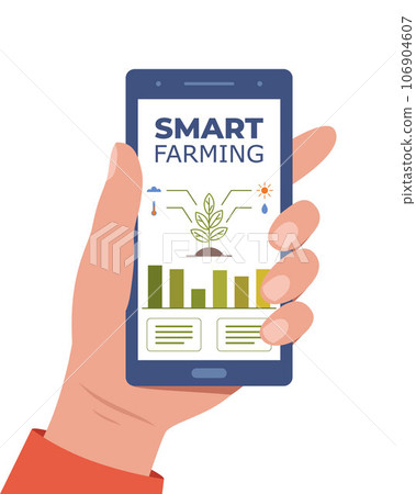 Smart farming, futuristic technologies in farm industry. Smartphone with app for control plants growing, agricultural automation. Vector illustration. Smart farming, futuristic technologies in farm industry. Smartphone with app for control plants growing, agricultural automation. Vector illustration. 106904607