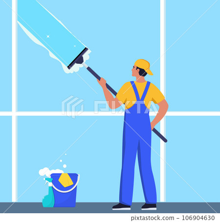 Man in blue and yellow uniform cleaning window with glass scraper and washing spray. Housekeeping service, office cleaning service, spring cleaning duty. Vector illustration. 106904630