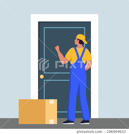 Delivery character man in blue and yellow uniform stands in front of the door with box. The courier delivered the box and knocks on the customer's door. Vector illustration. 106904632