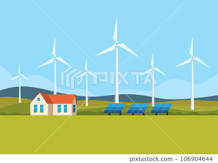 Modern Eco-friendly Private house with Windmills and Solar energy panels. Wind turbines on a rural landscape. The concept of green energy. Vector illustration. 106904644