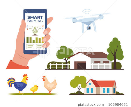 Smart farming, futuristic technologies in farm industry. Smartphone with app for control plants growing. Set of scenes and elements on farm theme. Vector illustration. Smart farming, futuristic technologies in farm industry. Smartphone with app for control plants growing. Set of scenes and elements on farm theme. Vector illustration. 106904651