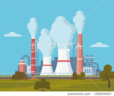 Highly polluting factory plant with smoking towers and pipes. Carbon dioxide emissions. Environment contamination. Flat style vector illustration. Highly polluting factory plant with smoking towers and pipes. Carbon dioxide emissions. Environment contamination. Flat style vector illustration. 106904663