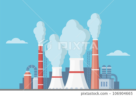 Highly polluting factory plant with smoking towers and pipes. Carbon dioxide emissions. Environment contamination. Flat style vector illustration. 106904665