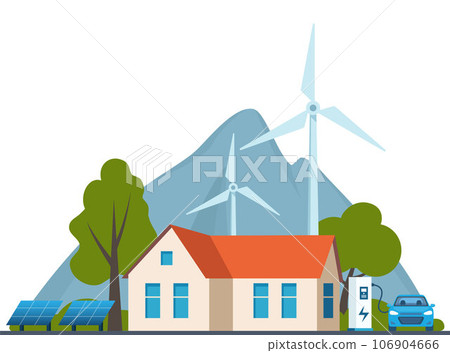 Modern Eco Private House with Windmills and Solar Energy Panels. Wind turbines, electric car charging station. Green enegry concept, vector illustration. 106904666