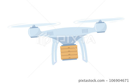 Delivery drone with the cardboard box flying. Quadcopter carrying a package to customer. Technological shipment innovation. Drone delivery service. Delivery drone with the cardboard box flying. Quadcopter carrying a package to customer. Technological shipment innovation. Drone delivery service. 106904671