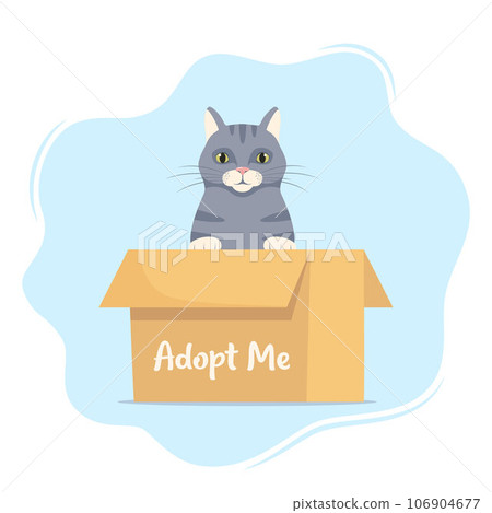 Cute little cat in a cardboard box with the inscription Adopt me. Adopt a pet. Cute homeless kitty waiting for the adoption. Vector illustration for animal shelter poster. 106904677