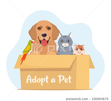 Adopt a pet. Cute homeless puppy, kitten, hamster, parrot inside a cardboard box are waiting for the adoption. Vector illustration for animal shelter poster. Adopt a pet. Cute homeless puppy, kitten, hamster, parrot inside a cardboard box are waiting for the adoption. Vector illustration for animal shelter poster. 106904679