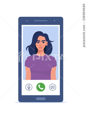 Video call on smartphone. Young woman on smartphone screen with connection icons. Communication online using the phone. Talking through video call. Chatting online. Vector illustration. Video call on smartphone. Young woman on smartphone screen with connection icons. Communication online using the phone. Talking through video call. Chatting online. Vector illustration. 106904680