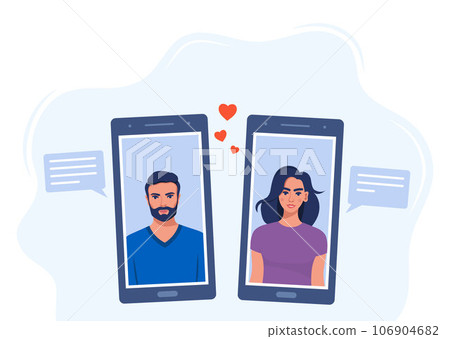 Dating service application. Loving couple on screens of mobile phones. Man and woman profiles romance app. Love in social network. Vector Illustration. Dating service application. Loving couple on screens of mobile phones. Man and woman profiles romance app. Love in social network. Vector Illustration. 106904682
