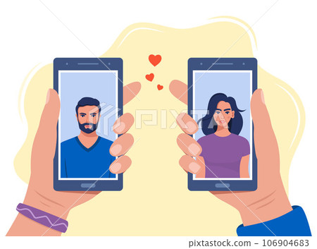 Hands holding smartphone with man and woman profiles romance app. Dating service application. Loving couple on screens of mobile phones. Love in social network. Vector Illustration. 106904683