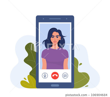 Video call on smartphone. Young woman on smartphone screen with connection icons. Communication online using the phone. Talking through video call. Chatting online. Vector illustration. Video call on smartphone. Young woman on smartphone screen with connection icons. Communication online using the phone. Talking through video call. Chatting online. Vector illustration. 106904684