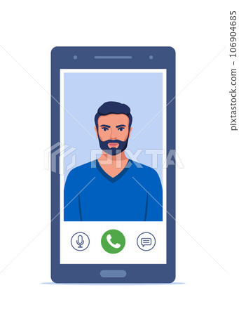 Video call on smartphone. Young man on smartphone screen with connection icons. Communication online using the phone. Talking through video call. Chatting online. Vector illustration. Video call on smartphone. Young man on smartphone screen with connection icons. Communication online using the phone. Talking through video call. Chatting online. Vector illustration. 106904685
