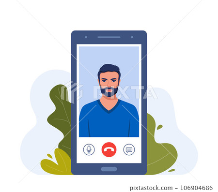 Video call on smartphone. Young man on smartphone screen with connection icons. Communication online using the phone. Talking through video call. Chatting online. Vector illustration. Video call on smartphone. Young man on smartphone screen with connection icons. Communication online using the phone. Talking through video call. Chatting online. Vector illustration. 106904686