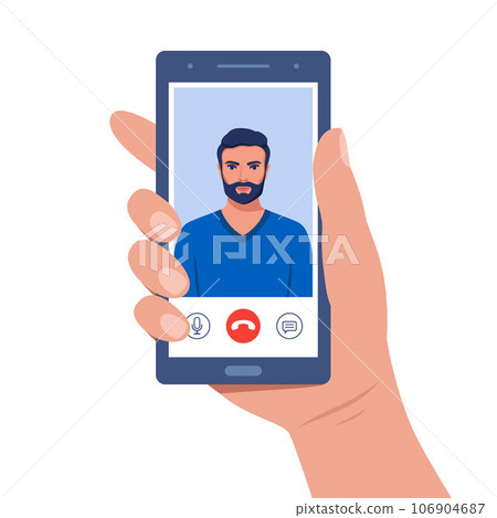 Hand holds smartphone during video call. Young man on smartphone screen with connection icons. Communication online using the phone. Talking through video call. Chatting online. Vector illustration. Hand holds smartphone during video call. Young man on smartphone screen with connection icons. Communication online using the phone. Talking through video call. Chatting online. Vector illustration. 106904687