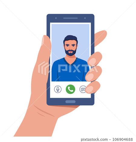 Hand holds smartphone during video call. Young man on smartphone screen with connection icons. Communication online using the phone. Talking through video call. Chatting online. Vector illustration. Hand holds smartphone during video call. Young man on smartphone screen with connection icons. Communication online using the phone. Talking through video call. Chatting online. Vector illustration. 106904688
