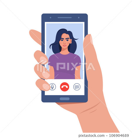 Hand holds smartphone during video call. Young woman on smartphone screen with connection icons. Communication online using the phone. Talking through video call. Chatting online. Vector illustration. Hand holds smartphone during video call. Young woman on smartphone screen with connection icons. Communication online using the phone. Talking through video call. Chatting online. Vector illustration. 106904689