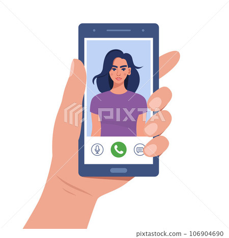 Hand holds smartphone during video call. Young woman on smartphone screen with connection icons. Communication online using the phone. Talking through video call. Chatting online. Vector illustration. 106904690