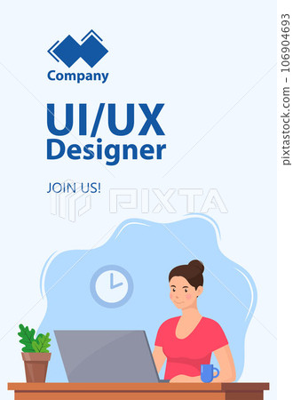 Recruitment vertical banner concept. UI UX Designer needed. Web designer. Young woman working on laptop in office. Job offer, vacancy, HR, hiring. Vector flat Illustration. Recruitment vertical banner concept. UI UX Designer needed. Web designer. Young woman working on laptop in office. Job offer, vacancy, HR, hiring. Vector flat Illustration. 106904693