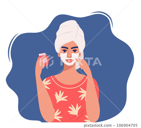 Young woman with a towel on her head makes cosmetic procedures. Face mask, skincare, treatment, relaxation. Skin care concept. Vector illustration. 106904705