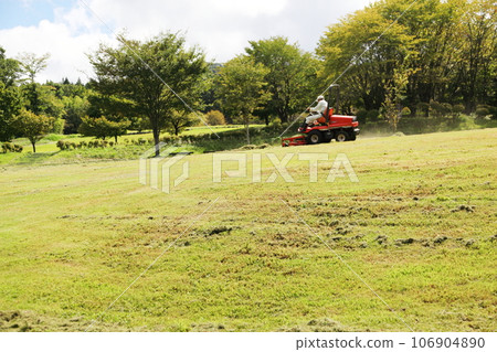 Mowing the lawn in a mountain park 106904890