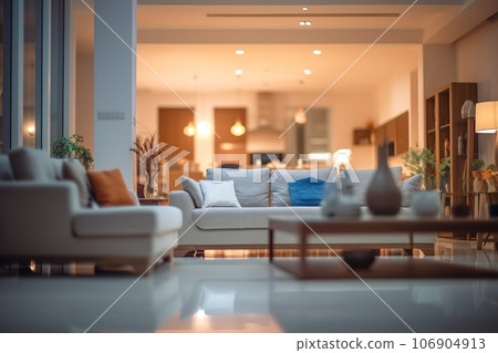 Blurred modern living room interior with stylish sofa and wooden lamp for captivating backgrounds. 106904913