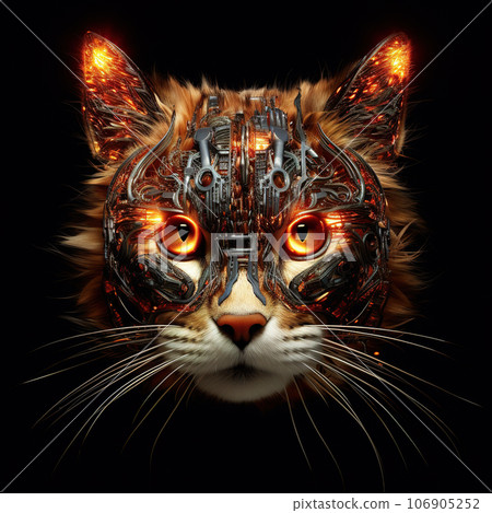 Image of cat face made with electronic components with fire on clean background. Pet. Animals. Illustration, Generative AI. Image of cat face made with electronic components with fire on clean background. Pet. Animals. Illustration, Generative AI. 106905252