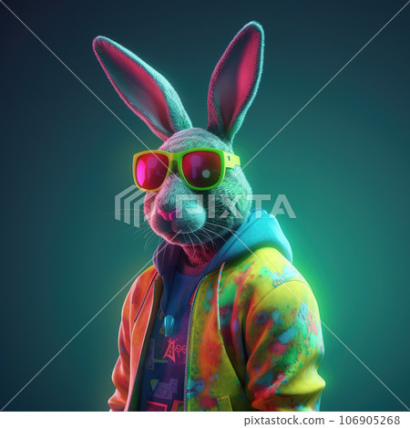 Image of portrait of an rabbit hip hop outfit costume with modern glasses, Fashion. Illustration, Generative AI. Image of portrait of an rabbit hip hop outfit costume with modern glasses, Fashion. Illustration, Generative AI. 106905268