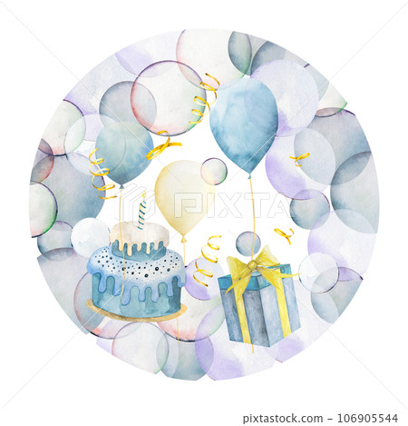 Watercolor illustration hand drawing. Cute frame cards with a cake, balloons, ribbons, soap bubbles and flags Watercolor illustration hand drawing. Cute frame cards with a cake, balloons, ribbons, soap bubbles and flags 106905544
