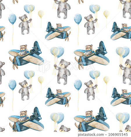 Hand drawn watercolor illustration of a seamless pattern of a cartoon bear in a plane with balloons Hand drawn watercolor illustration of a seamless pattern of a cartoon bear in a plane with balloons 106905545