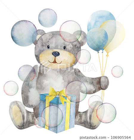 Watercolor illustration, on a white background.Cute cartoon teddy bear with a balloon and a gift Watercolor illustration, on a white background.Cute cartoon teddy bear with a balloon and a gift 106905564
