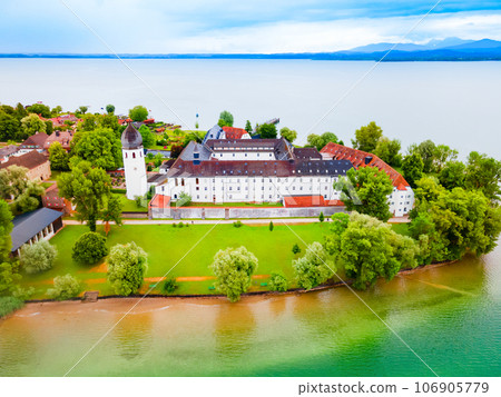 Frauenchiemsee Abbey aerial panoramic view, Bavaria 106905779