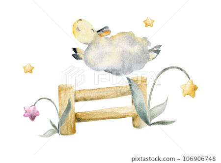Watercolor hand drawn illustration, cute little plush baby sheep jumping fence, star flowers. Textured effect. Composition isolated on white background. For kids children bedroom, fabric, linens print Watercolor hand drawn illustration, cute little plush baby sheep jumping fence, star flowers. Textured effect. Composition isolated on white background. For kids children bedroom, fabric, linens print 106906748
