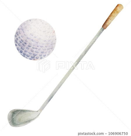 Hand drawn watercolor sports gear equipment, latex golf ball and club to play game and practice. Illustration isolated single object on white background. Design poster, print, website, card, shop Hand drawn watercolor sports gear equipment, latex golf ball and club to play game and practice. Illustration isolated single object on white background. Design poster, print, website, card, shop 106906750