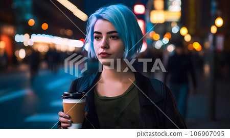 young beautiful blue-haired femine woman at night city street holding cardboard cup of coffee, neural network generated picture young beautiful blue-haired femine woman at night city street holding cardboard cup of coffee, neural network generated picture 106907095