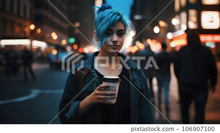 young beautiful blue-haired femine woman at night city street holding cardboard cup of coffee, neural network generated picture young beautiful blue-haired femine woman at night city street holding cardboard cup of coffee, neural network generated picture 106907100