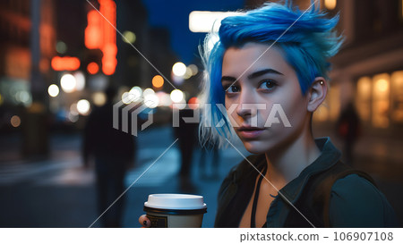 young beautiful blue-haired femine woman at night city street holding cardboard cup of coffee, neural network generated picture young beautiful blue-haired femine woman at night city street holding cardboard cup of coffee, neural network generated picture 106907108