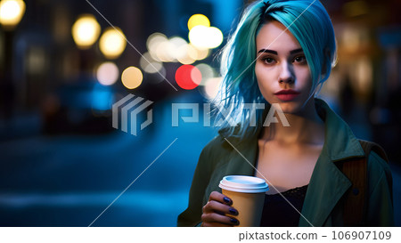 young beautiful blue-haired femine woman at night city street holding cardboard cup of coffee, neural network generated picture young beautiful blue-haired femine woman at night city street holding cardboard cup of coffee, neural network generated picture 106907109