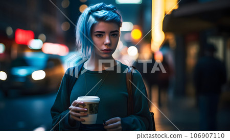 young beautiful blue-haired femine woman at night city street holding cardboard cup of coffee, neural network generated picture young beautiful blue-haired femine woman at night city street holding cardboard cup of coffee, neural network generated picture 106907110