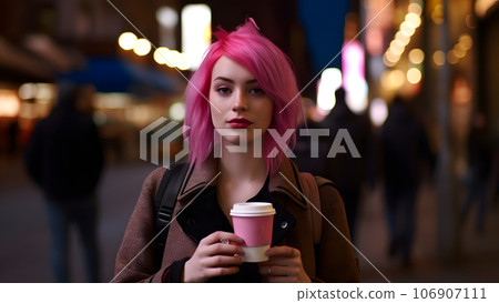young beautiful pink-haired femine woman at night city street holding cardboard cup of coffee to go, neural network generated picture young beautiful pink-haired femine woman at night city street holding cardboard cup of coffee to go, neural network generated picture 106907111
