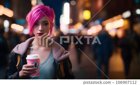 young beautiful pink-haired femine woman at night city street holding cardboard cup of coffee to go, neural network generated picture young beautiful pink-haired femine woman at night city street holding cardboard cup of coffee to go, neural network generated picture 106907112